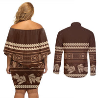 Brown Samoa Siapo Teuila Flowers Couples Matching Off Shoulder Short Dress and Long Sleeve Button Shirt LT14 - Polynesian Pride