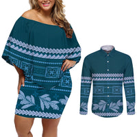 Dark Cyan Samoa Siapo Teuila Flowers Couples Matching Off Shoulder Short Dress and Long Sleeve Button Shirt LT14 Dark Cyan - Polynesian Pride