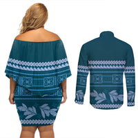 Dark Cyan Samoa Siapo Teuila Flowers Couples Matching Off Shoulder Short Dress and Long Sleeve Button Shirt LT14 - Polynesian Pride