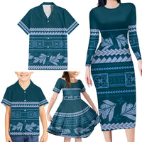 Dark Cyan Samoa Siapo Teuila Flowers Family Matching Long Sleeve Bodycon Dress and Hawaiian Shirt LT14 - Polynesian Pride