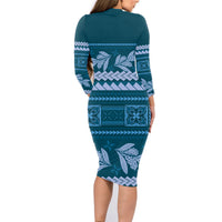 Dark Cyan Samoa Siapo Teuila Flowers Family Matching Long Sleeve Bodycon Dress and Hawaiian Shirt LT14 - Polynesian Pride