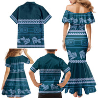 Dark Cyan Samoa Siapo Teuila Flowers Family Matching Mermaid Dress and Hawaiian Shirt LT14 - Polynesian Pride