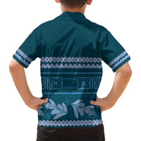 Dark Cyan Samoa Siapo Teuila Flowers Family Matching Off The Shoulder Long Sleeve Dress and Hawaiian Shirt LT14 - Polynesian Pride