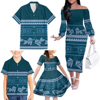 Dark Cyan Samoa Siapo Teuila Flowers Family Matching Off The Shoulder Long Sleeve Dress and Hawaiian Shirt LT14 - Polynesian Pride