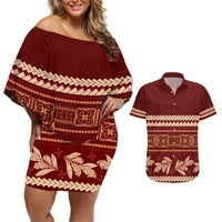 Red Samoa Siapo Teuila Flowers Couples Matching Off Shoulder Short Dress and Hawaiian Shirt LT14 Red - Polynesian Pride