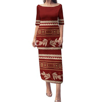 Red Samoa Siapo Teuila Flowers Puletasi LT14 Long Dress Red - Polynesian Pride