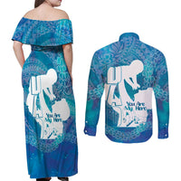 Turquoise Polynesia Father's Day Couples Matching Off Shoulder Maxi Dress and Long Sleeve Button Shirt Dad You Are My Hero