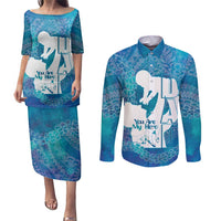 Turquoise Polynesia Father's Day Couples Matching Puletasi and Long Sleeve Button Shirt Dad You Are My Hero