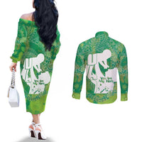 Green Polynesia Father's Day Couples Matching Off The Shoulder Long Sleeve Dress and Long Sleeve Button Shirt Dad You Are My Hero