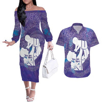 Purple Polynesia Father's Day Couples Matching Off The Shoulder Long Sleeve Dress and Hawaiian Shirt Dad You Are My Hero LT14 Purple - Polynesian Pride