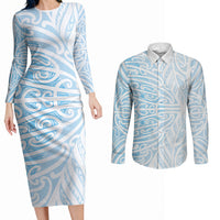 Blue New Zealand Puhoro Maori Tattoo Couples Matching Long Sleeve Bodycon Dress and Long Sleeve Button Shirt LT14 Blue - Polynesian Pride