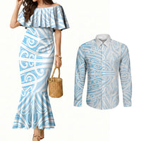 Blue New Zealand Puhoro Maori Tattoo Couples Matching Mermaid Dress and Long Sleeve Button Shirt LT14 Blue - Polynesian Pride
