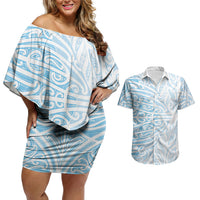 Blue New Zealand Puhoro Maori Tattoo Couples Matching Off Shoulder Short Dress and Hawaiian Shirt LT14 Blue - Polynesian Pride