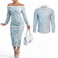 Blue New Zealand Puhoro Maori Tattoo Couples Matching Off The Shoulder Long Sleeve Dress and Long Sleeve Button Shirt LT14 Blue - Polynesian Pride