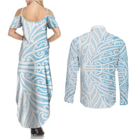 Blue New Zealand Puhoro Maori Tattoo Couples Matching Summer Maxi Dress and Long Sleeve Button Shirt