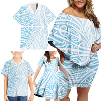 Blue New Zealand Puhoro Maori Tattoo Family Matching Off Shoulder Short Dress and Hawaiian Shirt