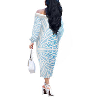 Blue New Zealand Puhoro Maori Tattoo Off The Shoulder Long Sleeve Dress