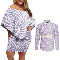 Purple New Zealand Puhoro Maori Tattoo Couples Matching Off Shoulder Short Dress and Long Sleeve Button Shirt LT14 Purple - Polynesian Pride
