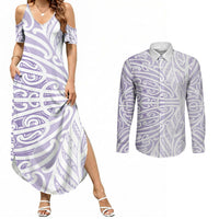 Purple New Zealand Puhoro Maori Tattoo Couples Matching Summer Maxi Dress and Long Sleeve Button Shirt LT14 Purple - Polynesian Pride