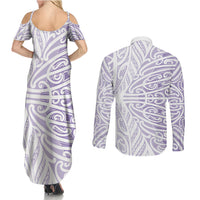 Purple New Zealand Puhoro Maori Tattoo Couples Matching Summer Maxi Dress and Long Sleeve Button Shirt