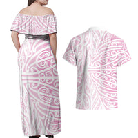 Pink New Zealand Puhoro Maori Tattoo Couples Matching Off Shoulder Maxi Dress and Hawaiian Shirt LT14 - Polynesian Pride