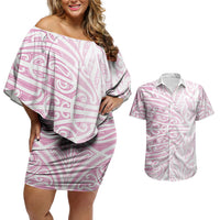 Pink New Zealand Puhoro Maori Tattoo Couples Matching Off Shoulder Short Dress and Hawaiian Shirt LT14 Pink - Polynesian Pride
