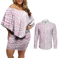 Pink New Zealand Puhoro Maori Tattoo Couples Matching Off Shoulder Short Dress and Long Sleeve Button Shirt LT14 Pink - Polynesian Pride