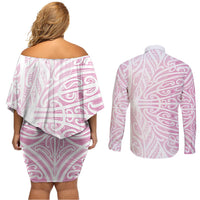 Pink New Zealand Puhoro Maori Tattoo Couples Matching Off Shoulder Short Dress and Long Sleeve Button Shirt LT14 - Polynesian Pride