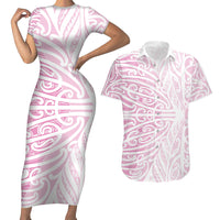 Pink New Zealand Puhoro Maori Tattoo Couples Matching Short Sleeve Bodycon Dress and Hawaiian Shirt