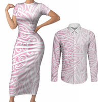 Pink New Zealand Puhoro Maori Tattoo Couples Matching Short Sleeve Bodycon Dress and Long Sleeve Button Shirt LT14 Pink - Polynesian Pride
