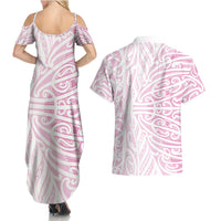 Pink New Zealand Puhoro Maori Tattoo Couples Matching Summer Maxi Dress and Hawaiian Shirt