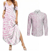 Pink New Zealand Puhoro Maori Tattoo Couples Matching Summer Maxi Dress and Long Sleeve Button Shirt LT14 Pink - Polynesian Pride