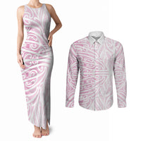 Pink New Zealand Puhoro Maori Tattoo Couples Matching Tank Maxi Dress and Long Sleeve Button Shirt LT14 Pink - Polynesian Pride