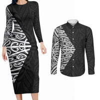 Black New Zealand Puhoro Maori Tattoo Couples Matching Long Sleeve Bodycon Dress and Long Sleeve Button Shirt LT14 Black - Polynesian Pride