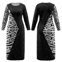 Black New Zealand Puhoro Maori Tattoo Couples Matching Long Sleeve Bodycon Dress and Long Sleeve Button Shirt LT14 - Polynesian Pride