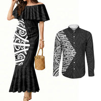 Black New Zealand Puhoro Maori Tattoo Couples Matching Mermaid Dress and Long Sleeve Button Shirt LT14 Black - Polynesian Pride