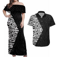 Black New Zealand Puhoro Maori Tattoo Couples Matching Off Shoulder Maxi Dress and Hawaiian Shirt LT14 Black - Polynesian Pride