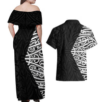 Black New Zealand Puhoro Maori Tattoo Couples Matching Off Shoulder Maxi Dress and Hawaiian Shirt