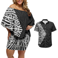 Black New Zealand Puhoro Maori Tattoo Couples Matching Off Shoulder Short Dress and Hawaiian Shirt LT14 Black - Polynesian Pride