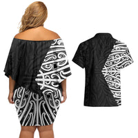 Black New Zealand Puhoro Maori Tattoo Couples Matching Off Shoulder Short Dress and Hawaiian Shirt