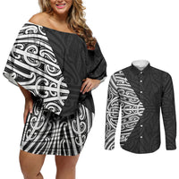 Black New Zealand Puhoro Maori Tattoo Couples Matching Off Shoulder Short Dress and Long Sleeve Button Shirt LT14 Black - Polynesian Pride
