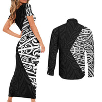 Black New Zealand Puhoro Maori Tattoo Couples Matching Short Sleeve Bodycon Dress and Long Sleeve Button Shirt