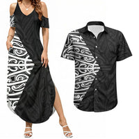 Black New Zealand Puhoro Maori Tattoo Couples Matching Summer Maxi Dress and Hawaiian Shirt LT14 Black - Polynesian Pride