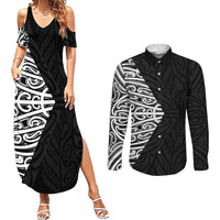 Black New Zealand Puhoro Maori Tattoo Couples Matching Summer Maxi Dress and Long Sleeve Button Shirt