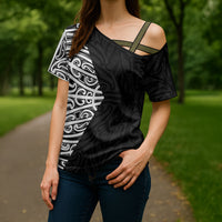 Black New Zealand Puhoro Maori Tattoo Cross Shoulder Shirt