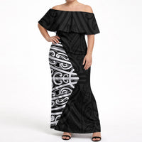 Black New Zealand Puhoro Maori Tattoo Off Shoulder Maxi Dress LT14 Women Black - Polynesian Pride