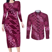 Pink Aloha Hawaii Couples Matching Long Sleeve Bodycon Dress and Long Sleeve Button Shirt Hawaiian Kakau Ohia Lehua Lei LT14 Pink - Polynesian Pride