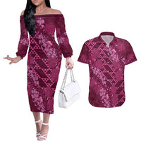 Pink Aloha Hawaii Couples Matching Off The Shoulder Long Sleeve Dress and Hawaiian Shirt Hawaiian Kakau Ohia Lehua Lei LT14 Pink - Polynesian Pride