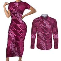 Pink Aloha Hawaii Couples Matching Short Sleeve Bodycon Dress and Long Sleeve Button Shirt Hawaiian Kakau Ohia Lehua Lei LT14 Pink - Polynesian Pride