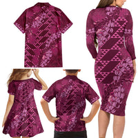 Pink Aloha Hawaii Family Matching Long Sleeve Bodycon Dress and Hawaiian Shirt Hawaiian Kakau Ohia Lehua Lei LT14 - Polynesian Pride